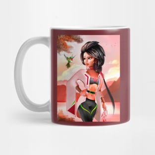 Woman in a sunset landscape with her bird pet Mug